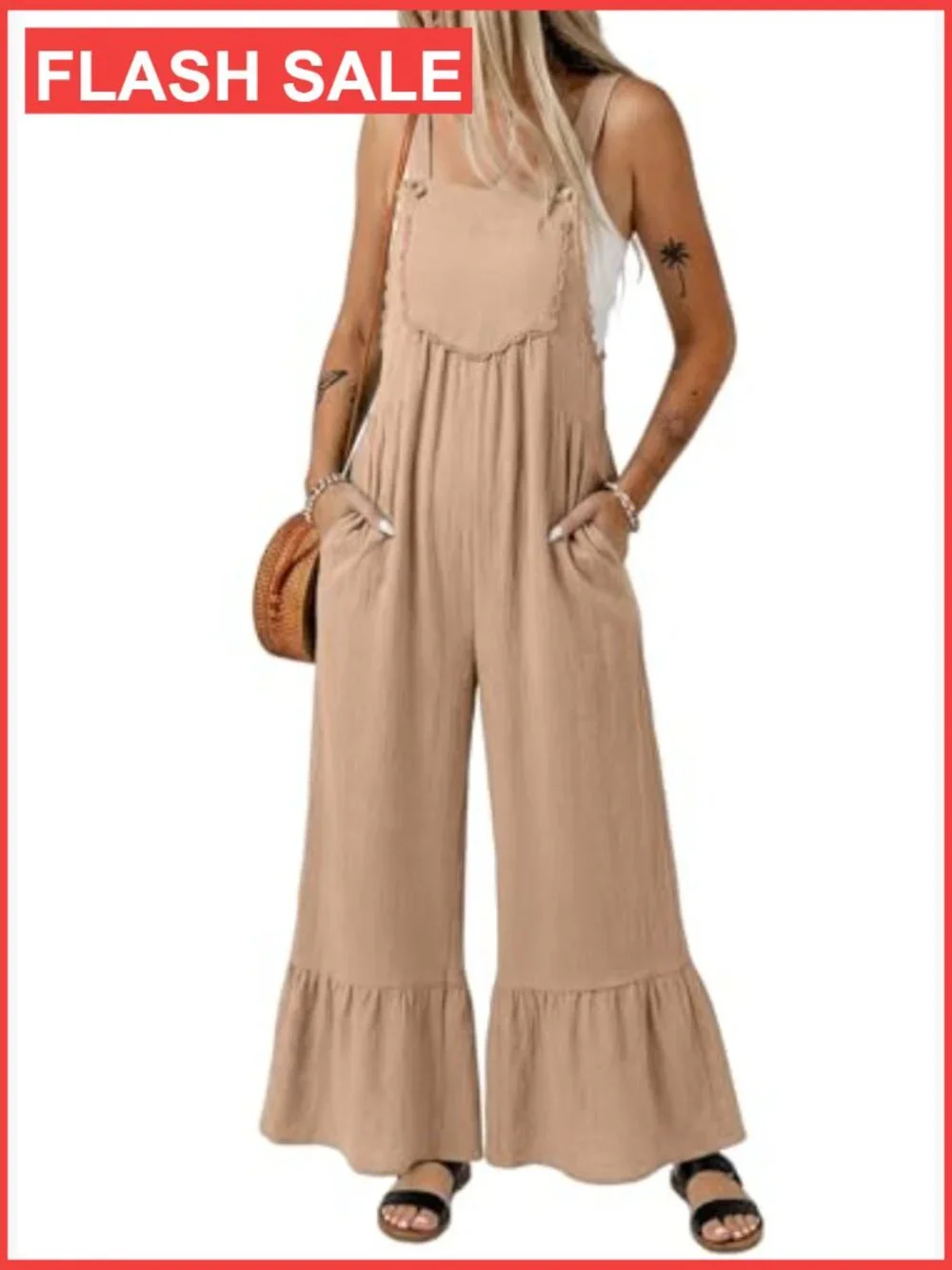 Lace Casual Overalls Jumpsuit Wide Leg Ruffle Pants Romper with Pockets - Picture 2 of 4